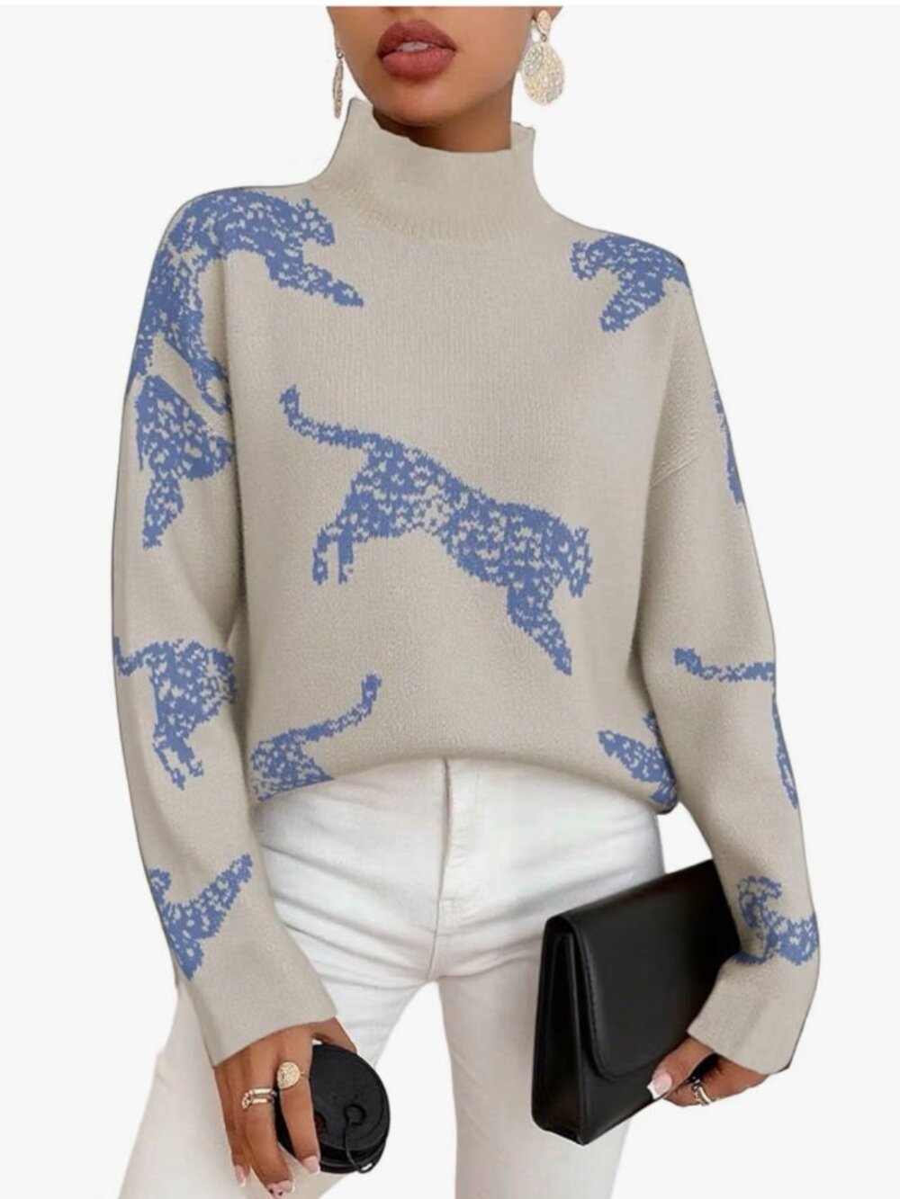 Leopard Tiger Print High Neck Fuzzy Knit Sweater Long Sleeve Size L NWT